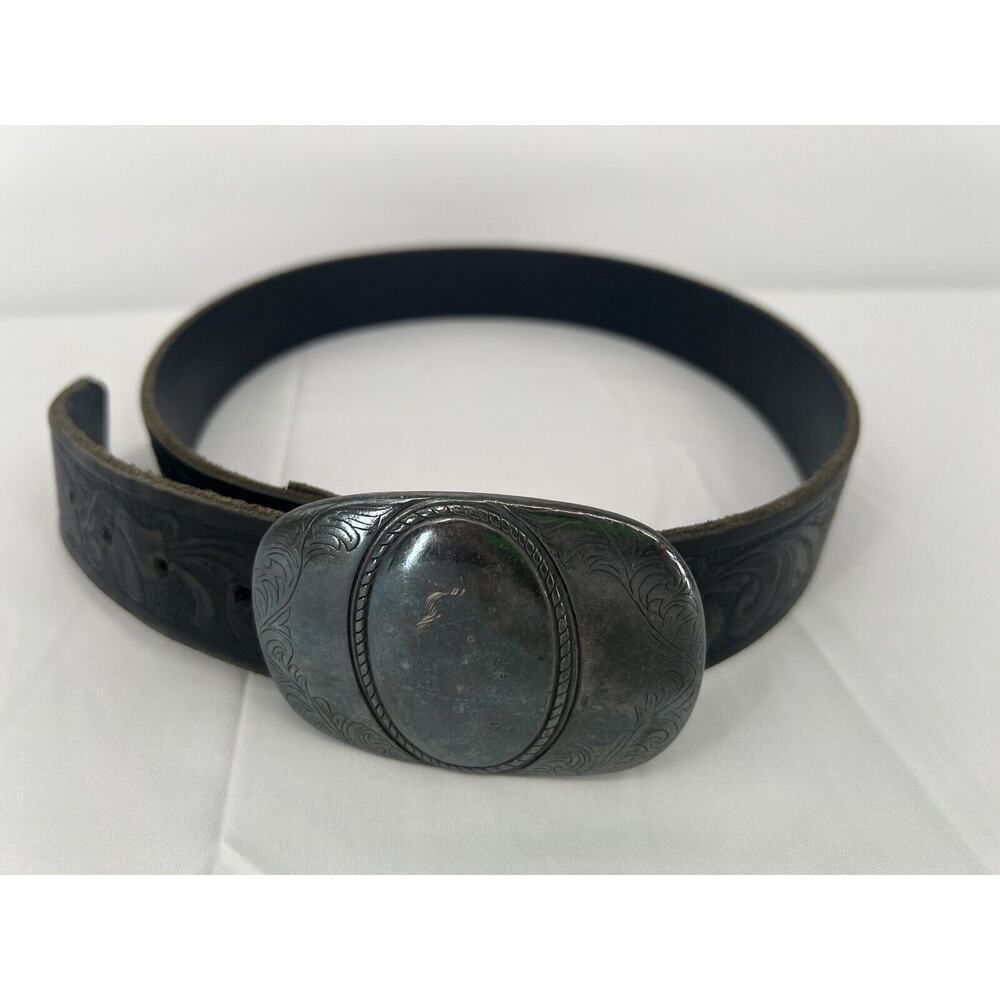 Vintage Brave Belt Womens Size 34 Black Italian Leather Silver Buckle Tooled
